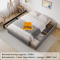 Storage Bed with 4 Drawers, Upholstered Double Bed with Iron Frame and Wooden Slats, 193.5 x 141W x 30H cm, Grey(m-4)