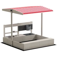 Outsunny Caixa de Areia de Madeira para Crianças com Teto Ajustável  Acessórios de Cozinha e Banco  114x110x110 cm Madeira(m-1)
