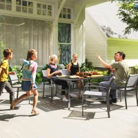 Outsunny Rectangle Garden Dining Table with Parasol Hole, Patio Table with Steel Frame and Slat Tabletop, 150cm x 90cm, Black(m-10)