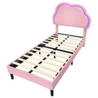 Single Upholstered Bed with Adjustable Cloud Headboard and RGB LED, Perfect for Sophisticated and Modern Bedroom, 194L x 106W x 118H cm, Pink(m-12)