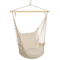 Outsunny Cadeira Suspensa Cadeira Rede Suspensa com 2 Almofadas de Algodão Barra de Madeira para Interior e Exterior 120x90 cm Creme(m-1)