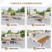 Elegant Outdoor Garden Lounge Set with Wooden Table, Thick Cushions, L-Shaped Corner Sofa for 4 People, 145L x 60W x 80H cm, Beige(m-5)