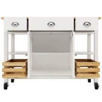 Rolling Kitchen Island Trolley with Adjustable Shelf, 3 Drawers, Spice Rack, and Folding Side Board, 120L x 45W x 90H cm, White(m-10)