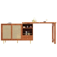 360° Rotating Bar Table with Expandable Design, Open Shelf, Rattan Door, Storage Cabinet for Kitchen, Living Room, 187L x 80W x 76H cm, Brown(m-11)