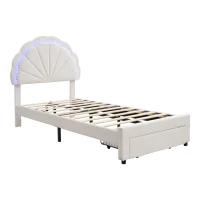 Upholstered Single Bed with Shell Backrest, LED Light Strips, Storage Drawer, Perfect for Sophisticated and Modern Bedroom, 200L x 91W x 114.5H cm, Beige(m-2)