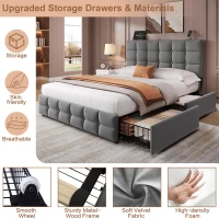Double Upholstered Bed with 4 Storage Drawers and Charging Station, Adjustable Button Tufted Headboard, Velvet Frame, 195L x 142W x 108H cm, Grey(m-5)
