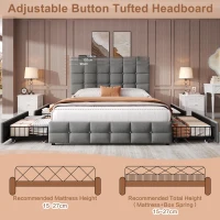 Double Upholstered Bed with 4 Storage Drawers and Charging Station, Adjustable Button Tufted Headboard, Velvet Frame, 195L x 142W x 108H cm, Grey(m-4)