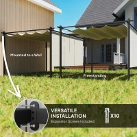 Outsunny 3 x 4m Metal Pergola with Retractable Roof and Roller Shade, Wall-Mounted or Free Standing Gazebo Canopy Pergola Kit, UPF30+ Outdoor Sun Shelter, Beige(m-6)
