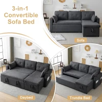 3-in-1 Convertible Sofa Bed with Internal Storage Chaise, L Shaped Sleeper Sofa with Cup Holders and Pillows, 211L x 130W x 86H cm, Grey(m-7)