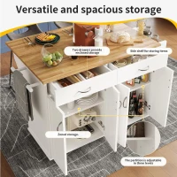 Waterproof Kitchen Island Trolley with Rolling Casters, Adjustable Shelf, Elegant Kitchen Cart with Folding Side Board, 128L x 78W x 90.5H cm, White(m-4)