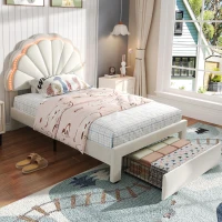 Upholstered Single Bed with Shell Backrest, LED Light Strips, Storage Drawer, Perfect for Sophisticated and Modern Bedroom, 200L x 91W x 114.5H cm, Beige(m-7)