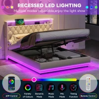 Double Upholstered Bed Frame with Hydraulic Storage, LED Lighting and Charging Station, Linen Ottoman Bed with USB and Type-C Ports, 202L x 141W x 113H cm, Beige(m-6)