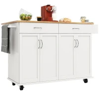 Waterproof Kitchen Island Trolley with Rolling Casters, Adjustable Shelf, Elegant Kitchen Cart with Folding Side Board, 128L x 78W x 90.5H cm, White(m-11)