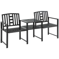 Outsunny Moderne Gartenbank für 2 Personen mit Tisch und Sonnenschirmloch für die Außenausstattung 165x56x85,5 cm Schwarz(m-5)