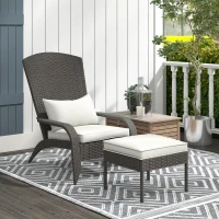 Outsunny Gartenstuhl mit Fußhocker und gepolsterten Kissen, aus Rattan und Stahl, 64x82x89 cm, Grau und Creme(m-2)