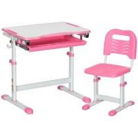 HOMCOM Banc d'École pour Enfants 6-12 Ans avec Chaise et Hauteur Réglable, Bureau Inclinable, 66x47x52-77 cm, Rose(m-6)