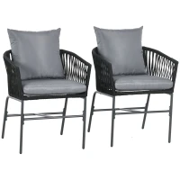Outsunny Lote de 2 sillas de jardín de exterior para 2 personas en metal y cuerda PE con cojines, Negro y Gris oscuro(m-1)