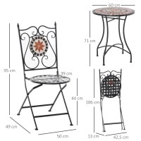 Outsunny Set de Muebles de Balcón para 2 Personas Mesa de Mosaico 2 sillas plegables Metal Multicolor(m-3)