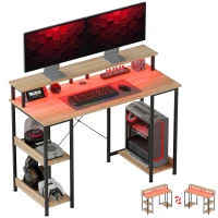 HOMCOM Escritorio de ordenador 120 cm con almacenamiento con luces LED estantes de almacenamiento soporte de pantalla natural(m-6)