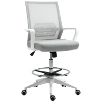 Vinsetto Silla de oficina de asiento alto ajustable 64x59x104-124 cm taburete de oficina giratorio 360° malla transpirable Grisy Blanco(m-7)