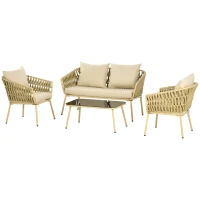 Outsunny Salon de Jardin avec Canapé 2 Places, 2 Fauteuils avec Coussins et Table en Verre(m-1)