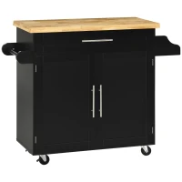 HOMCOM Chariot de Cuisine Polyvalent avec Tiroir, Roues, Porte-Épices et Armoire, Meuble de Cuisine avec Étagère Réglable, Porte-Serviettes et Plateau en Bois de Caoutchouc, 109x40x89 cm, Noir(m-6)