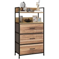 HOMCOM Cassettiera con 3 Cassetti in Tessuto Rimovibili e 2 Ripiani, 60 x 29 x 101cm, MDF e Metallo, Naturale e Nero(m-1)