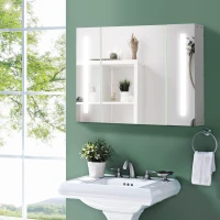 kleankin Armoire Miroir de Salle de Bain avec 3 Portes, 3 Étagères et Lumière LED, 90x15x65 cm, Blanc(m-2)