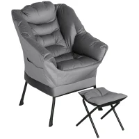 HOMCOM Moderner Sessel mit Fußhocker und 2 Seitentaschen, aus samtartigem Stoff und Stahl, 80x78x100 cm, Grau(m-1)