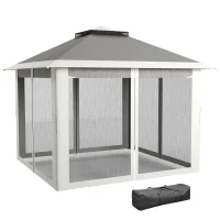 Outsunny Gazebo de Exteriores con Altura Ajustable y Mosquiteras, en Metal y Tela Oxford, 3,3x3,3x2,8 m, Gris Oscuro(m-6)