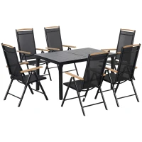 Outsunny Salon de jardín exterior 6 personas, marco de aluminio, mesa 140 cm, 6 sillas plegables y reclinables, Negro(m-1)