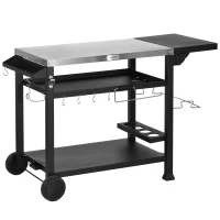 Outsunny Carrito de barbacoa plancha con bandeja de acero inoxidable, multi-equipos, 6 ganchos, mesa plegable, 2 ruedas(m-1)