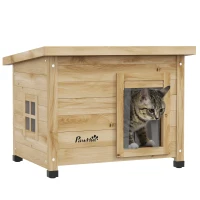 PawHut Casa per Gatti, Cuccia Esterna in Legno Rialzata con Tetto in Asfalto, Finestra, 57 x 45 x 43 cm, Giallo(m-1)
