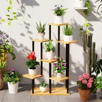 Outsunny Soporte de plantas de 7 niveles para interior y exterior, estantería de plantas de acero y madera, Madera Natural(m-5)