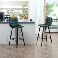 HOMCOM Set di 2 sgabelli da bar design superficie in velluto trapuntato e gambe in acciaio altezza 77 cm verde scuro(m-2)