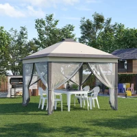 Outsunny Tente Pliante avec Lumières LED 3,3x3,3 m Tonnelle de Jardin avec Télécommande avec 4 Moustiquaires Hauteur Ajustable Beige(m-2)
