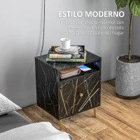 HOMCOM Mesilla de Noche con Efecto Mármol Compartimiento Abierto y Cajón Mesa de Noche para Dormitorio 39x30x50 cm Negro(m-4)