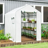 Outsunny Serra da Giardino 3 m² con 3 Ripiani, PE Rinforzata 135 g/m² Anti-UV, Porta Avvolgibile e Finestre in Rete, 143x215x190cm, Bianco(m-3)