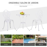 Outsunny Conjunto de Jardín 2 Plazas 2 sillas + Mesa Redonda Aluminio Fundido Imitación Hierro Forjado Blanco(m-4)