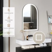 HOMCOM Specchio da Bagno LED 90 x 60cm, da Parete, 3 Colori, a Arco, Cornice in Alluminio, Anti-Appannamento e Interruttore Tattile, Nero(m-3)