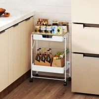 HOMCOM Carrito Auxiliar con Ruedas de 2 Niveles con Cajón Encimera y Cesta de Rejilla para Dormitorio Baño Cocina Blanco(m-2)