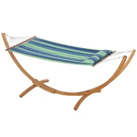 Outsunny Outdoor Hammock with Stand, Garden Hammock with Triple-Head Eucalyptus Wood Arc Frame, 1 Person Cotton Bed and Head Pillow, Freestanding Garden Swing Bed for Patio, Blue Stripe(m-11)