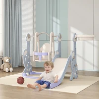 AIYAPLAY 4-in-1 Indoor-Spielplatz, Rutsch- und Schaukelset für Kleinkinder, Basketballkorb, Raketendesign, Kunststoff, Hellblau(m-2)