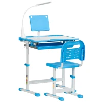 HOMCOM Ensemble Bureau d'École avec Chaise pour Enfants 6-12 Ans Hauteur et Inclinaison Réglable, Bleu(m-5)