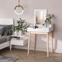 HOMCOM Camerino Design Scandinavo Tavola Da Trucco Multi-rangements Miroir Pieghevole 60L x 50l x 86H cm Pino E MDF Bianco(m-2)