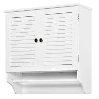 kleankin Mensola Alta da Parete Bagno, Armadio 2 Ante Persiane con Mensola, Porta Asciugamani, Legno Bianco(m-5)