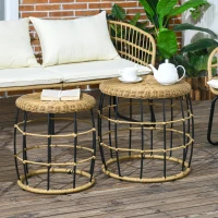 Outsunny Set di 2 Tavolini Bassi da Giardino, Tavolino da Appoggio Rotondo in Resina Intrecciata Imitazione Rattan, Marrone Scuro(m-2)
