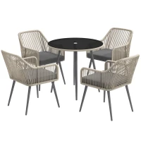 Outsunny Conjunto de mesa y sillas de jardín exterior de resina trenzada para 4 personas - cojines y mesa redonda de vidrio(m-1)