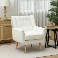 HOMCOM Sillón con Reposabrazos Sillón Butaca Sillón Tapizado Patas de Madera Estilo de Estampado de Botones Blanco(m-2)
