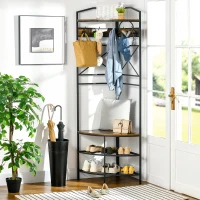 HOMCOM Eckiger Bodenkleiderständer mit Bank und Schuhregal im industriellen Stil, 50x50x183cm, Braun(m-2)